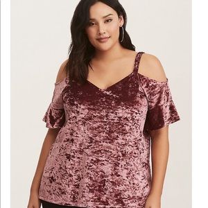 Pink velvet cold shoulder top